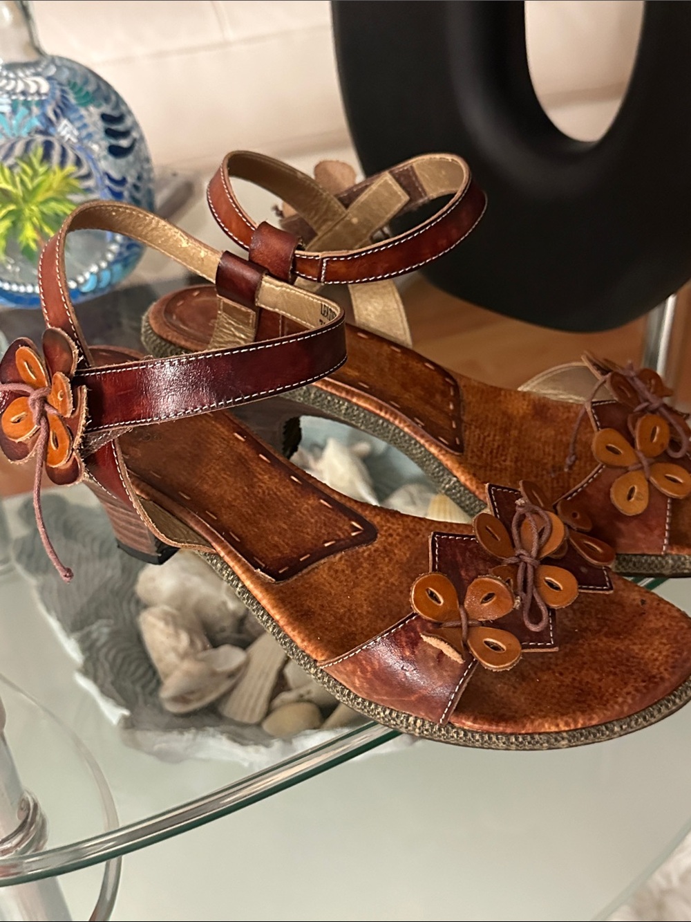Spring Step Brown Floral Leather Ankle-Strap Sandals